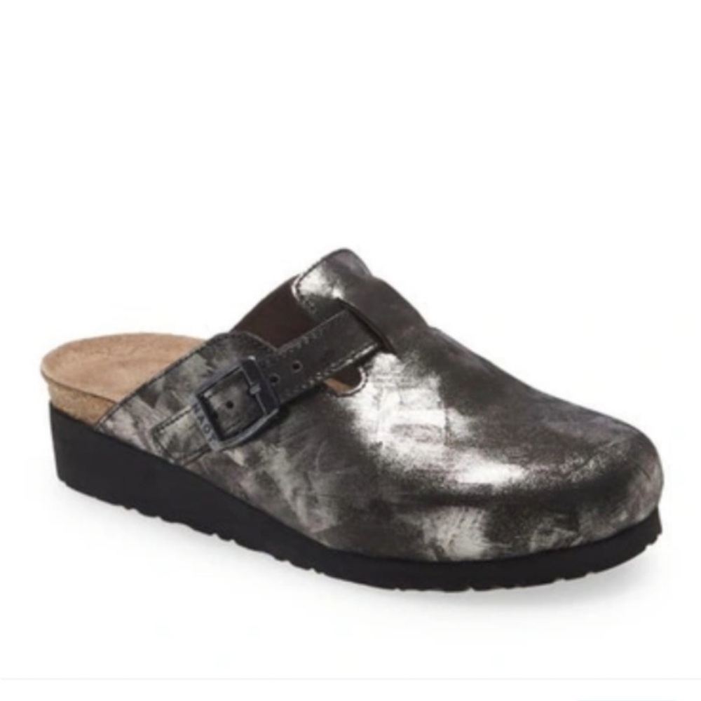 NAOT Autumn Metallic Black Silver Leather Slip on Clogs Mules 36 Birkenstock